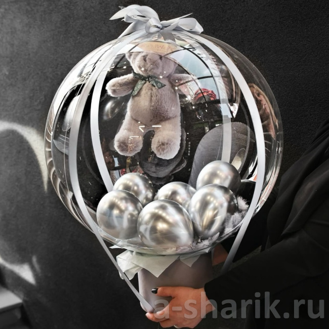 Воздушные шары "Бабл-бокс с серебристыми шарами и мягкой игрушкой" - фото