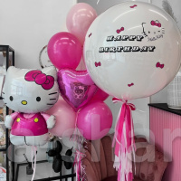 Hello Kitty с букетом розовых шаров и большим двойным шаром