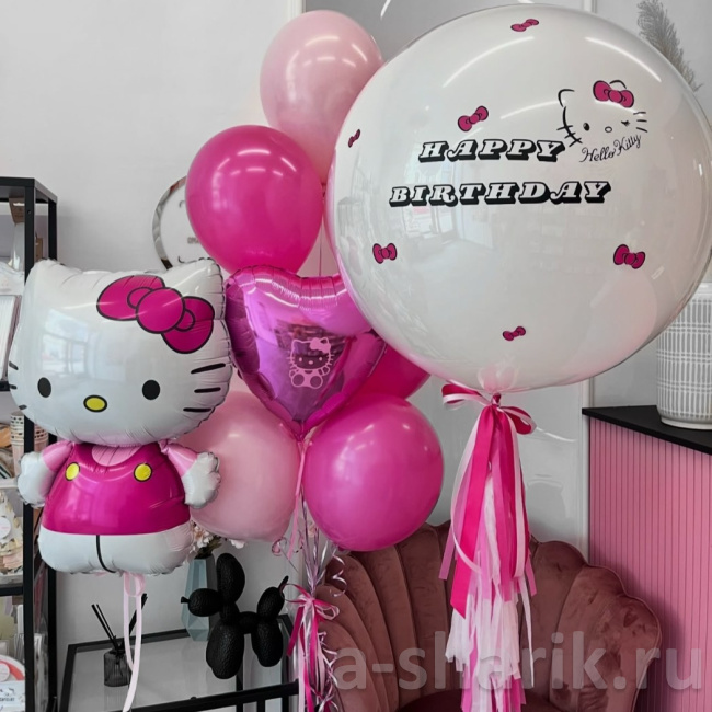 Воздушные шары "Hello Kitty с букетом розовых шаров и большим двойным шаром" - фото