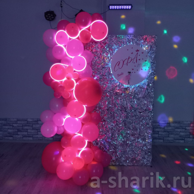 Воздушные шары "Светящаяся фотозона с розовыми шарами и серебряным фоном" - фото