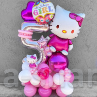 Напольная ярко-розовая композиция из шаров Hello Kitty c цифрой