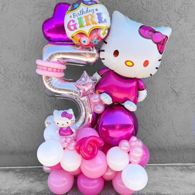 Воздушные шары "Напольная ярко-розовая композиция из шаров Hello Kitty c цифрой" - фото