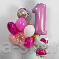 Воздушные шары на годик с фольгированной фигурой Hello Kitty