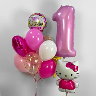 картинка Воздушные шары на годик с фольгированной фигурой «Hello Kitty» магазин Одежда+ являющийся официальным дистрибьютором в России 