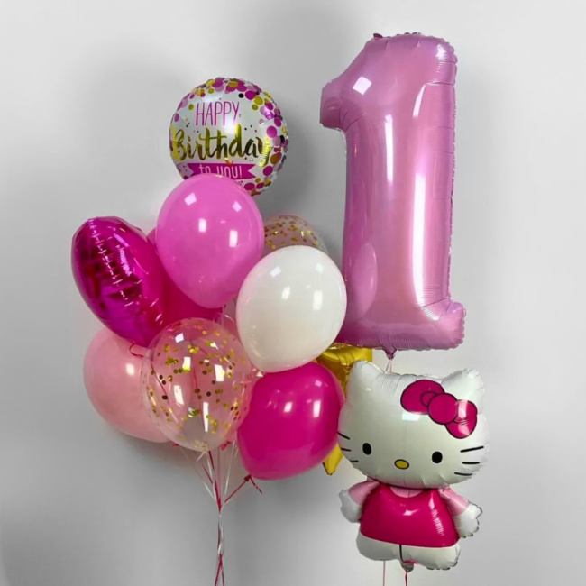 Воздушные шары "Воздушные шары на годик с фольгированной фигурой Hello Kitty" - фото