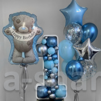 Композиция из шаров с цифрой Мишка Happy birthday