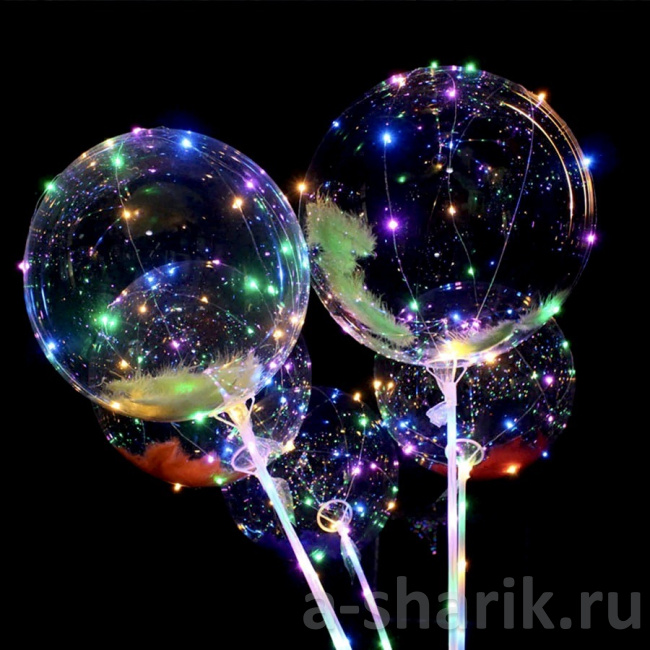 Воздушные шары "Светящийся шар bubble с перьями на палочке" - фото