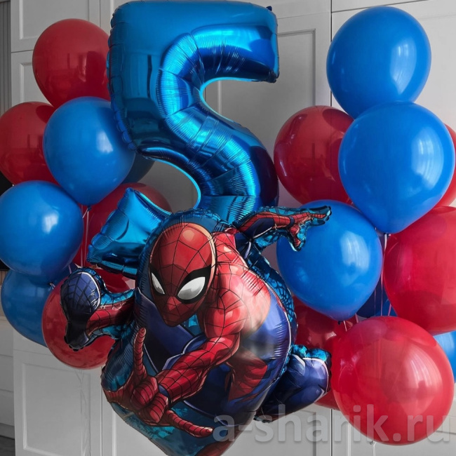 Воздушные шары "Воздушные шарики Человек-паук, цифра и 2 красных и синих шаров" - фото