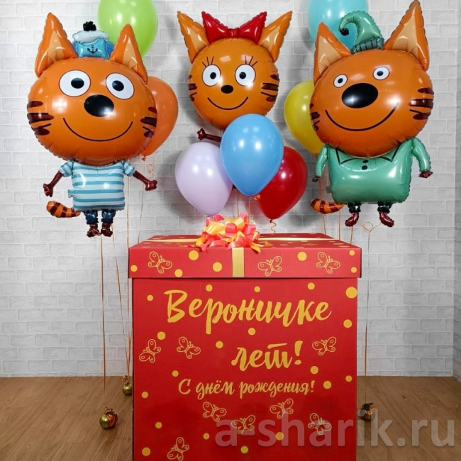 Воздушные шары "Коробка – сюрприз с воздушными шарами Три кота" - фото